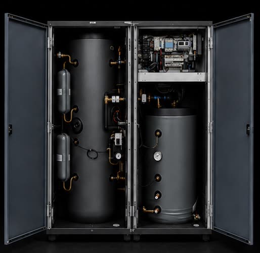 VOLTASUN EnergyStation mit geöffneten Türen: Pufferspeicher, Frischwasserstation und Regelung werkseitig verrohrt und verkabelt im anthrazitfarbenen Gehäuse